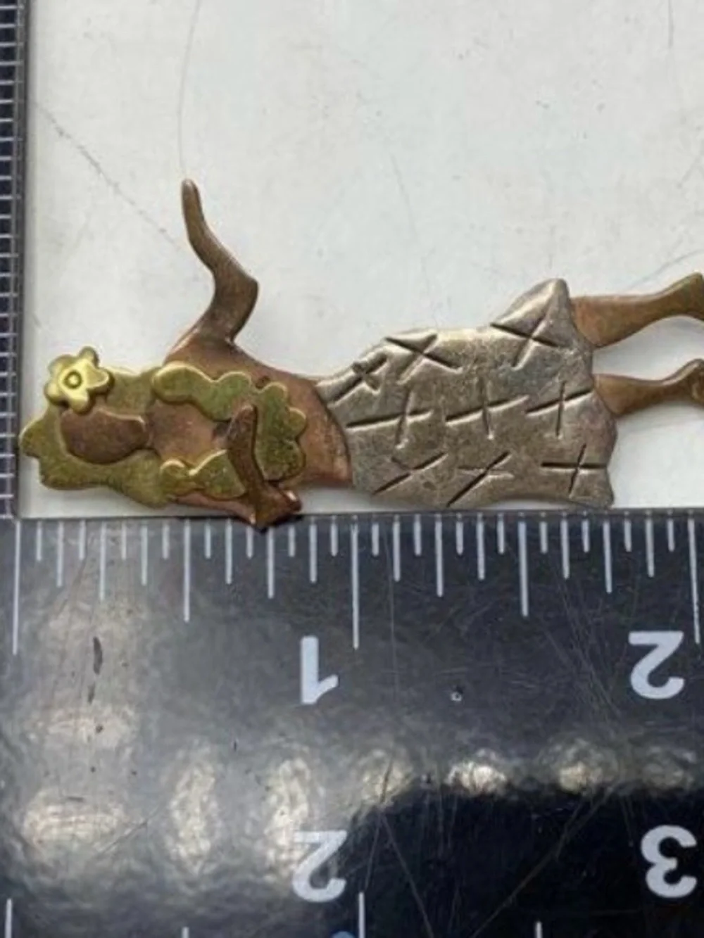 Vintage Far Fetched Three-Tone Hula Girl Brooch - Silver, copper and Bronze.